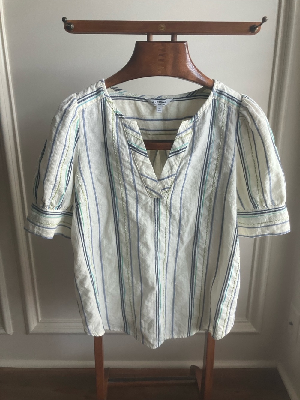 Liverpool Striped Cotton Split-Neck Top in White and Blue